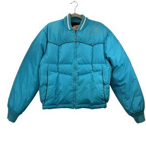 Vtg Comfy Down Puffer Jacket Teal Turquoise USA Made Mens L Aztec Bands Westen
